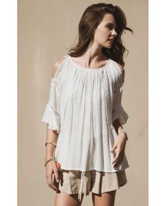 Moon River Women's Cold Shoulder Dreappery Top With Lace Trim