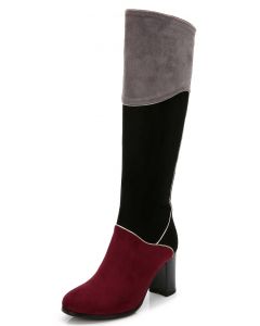 Heeled Riding Boots Three-Color-Tone Suede Accent Knee High Almond Toe