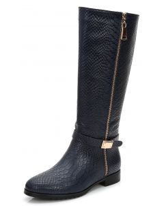 Knee-High Riding Boots Croc Accent Low Heel Buckle Straps