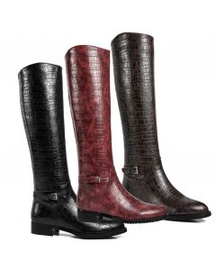 Croc-Print Riding Boots Low Heels