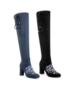 Embroidery Ultra-Tall Boots Faux Suede Lace-up Detail Female Adult