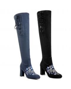 Embroidery Ultra-Tall Boots Faux Suede Lace-up Detail Female Adult