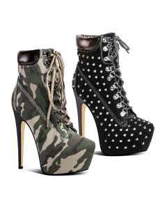 Stiletto Heel Camouflage Studded Lace-up Platform Booties
