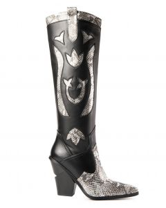 Snake Accent Two-Tone Boots with Layered High Heels