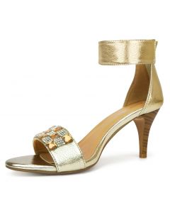 Metallic Goldtone Stiletto Heel Sandals Rhinestones