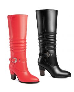Block Heel Ruched Shaft Buckle Strap Boot