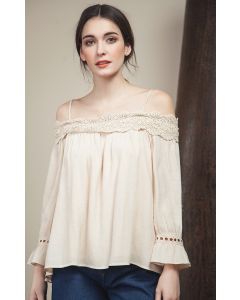 Moon River Women's Crochet Trimmed Open Shoulder Top